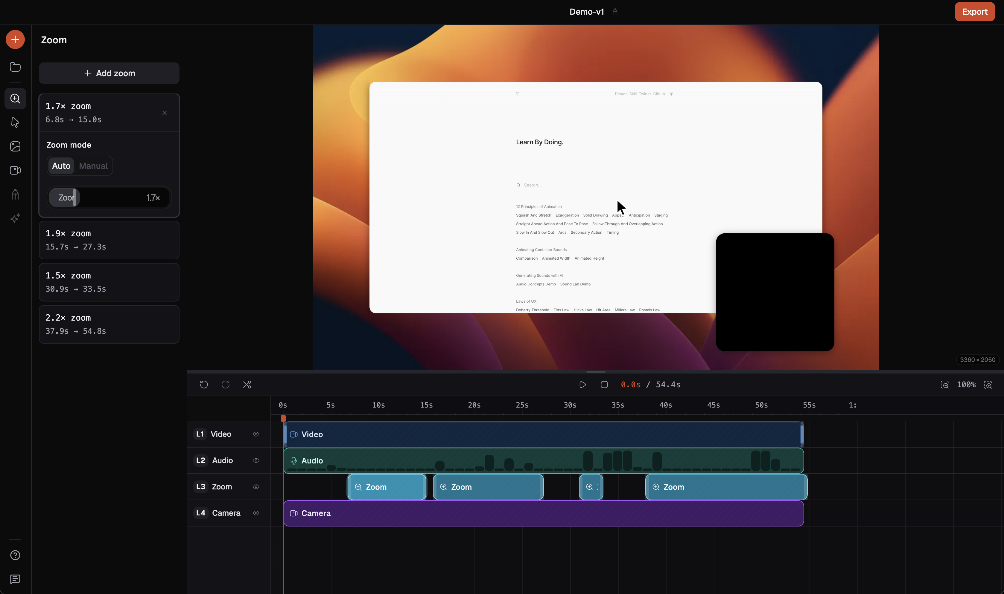 Screenforge app — screen recorder with timeline editor and zoom controls