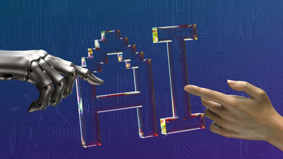 Robot and human hands reaching toward each other with AI text between them
